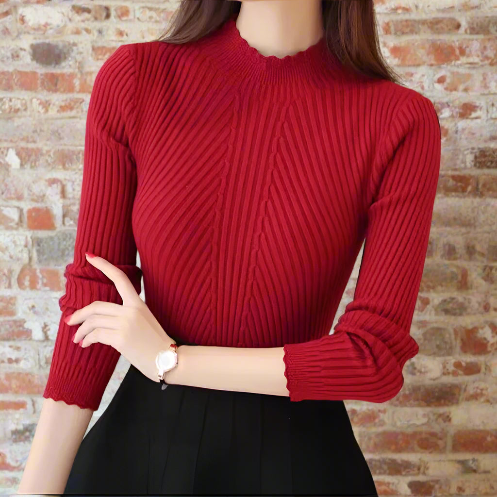 Women's Autumn Mock Neck Knitted Sweater - Slim Fit, High Stretch Pullover