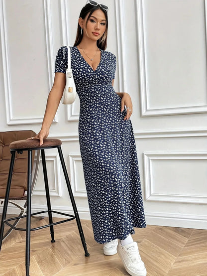 Women’s Autumn V-Neck Slim-Fit Floral Dress – Short Sleeve A-Line Commuter Style