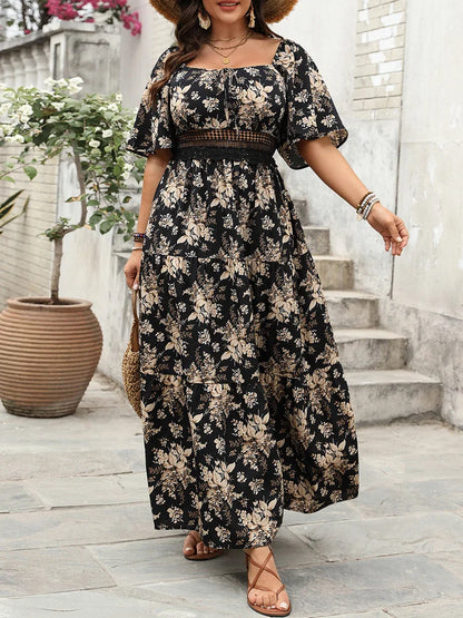 Plus Size Boho Floral Maxi Dress – Elegant Square Neck | Knot Front