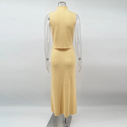 Elegant Knitted Two-Piece Set – Sleeveless Turtleneck Vest & High Waist Skirt