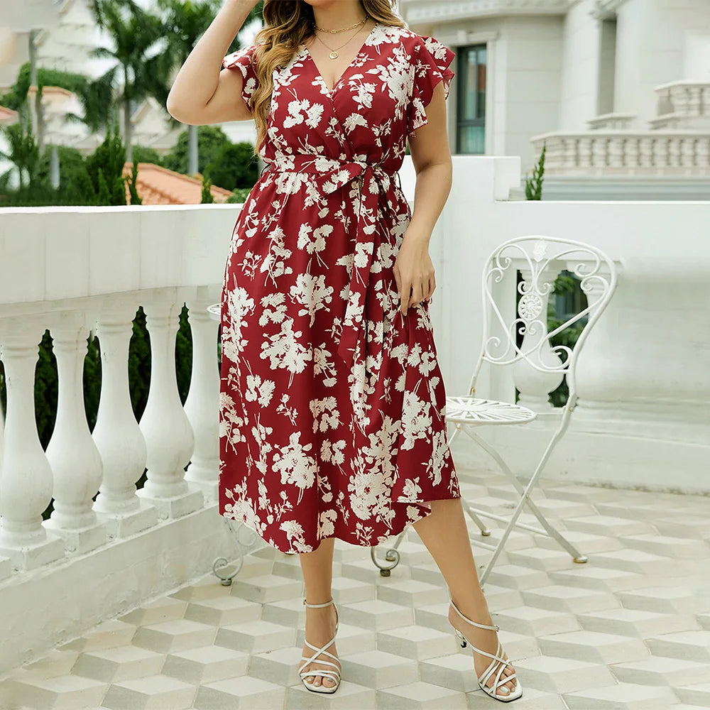 Plus Size Boho Floral V-Neck A-Line Midi Dress