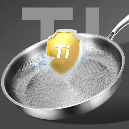 Stainless steel frying pan with a gold 'Ti' badge on a dark background