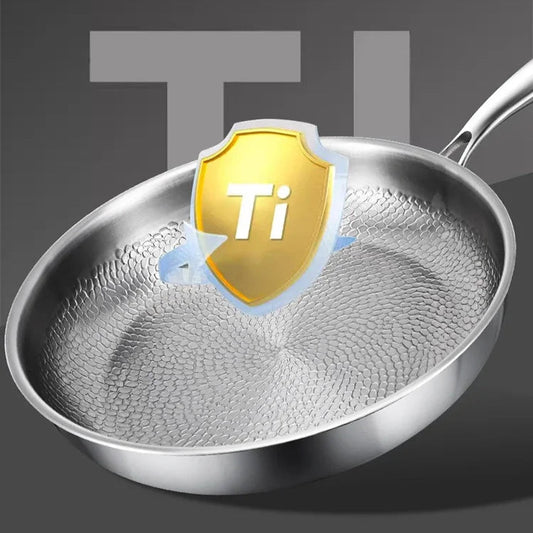 Stainless steel frying pan with a gold 'Ti' badge on a dark background