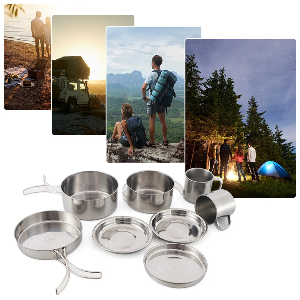 8-Piece Stainless Steel Camping Cookware Set for Outdoor Cooking Dealprice.co.uk