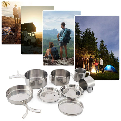 8-Piece Stainless Steel Camping Cookware Set for Outdoor Cooking Dealprice.co.uk