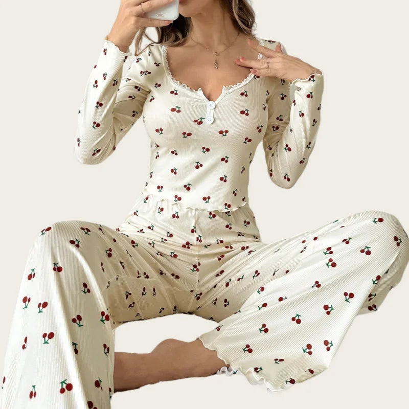 Sweet Cherry Print Sleepwear Set – Long Sleeve Milk Silk Comfort 2-Piece Pyjama Set