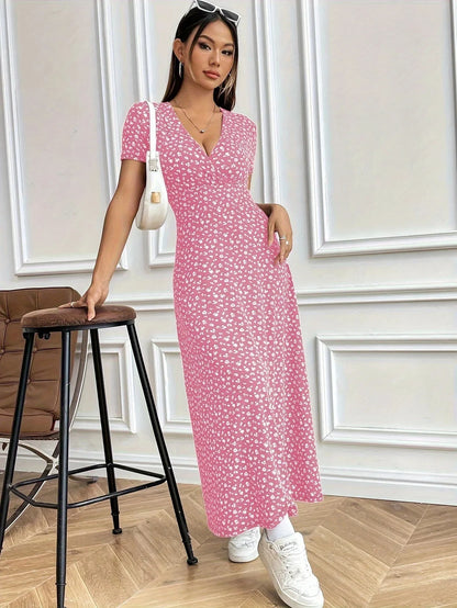Women’s Autumn V-Neck Slim-Fit Floral Dress – Short Sleeve A-Line Commuter Style