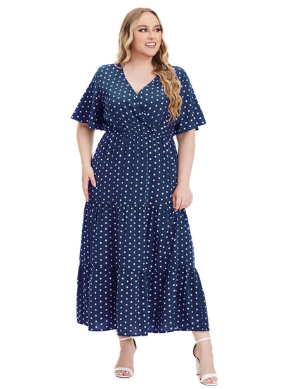 Plus Size Polka Dot V-Neck Boho Maxi Dress