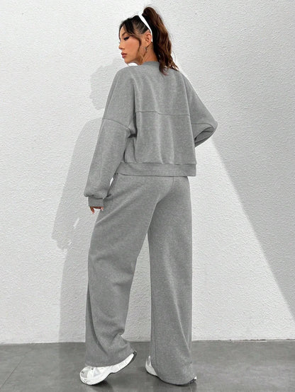 Women’s Casual Matching Tracksuit Set – Zipper Cardigan & Wide-Leg Drawstring Pants