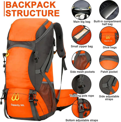 50L Waterproof Hiking Backpack – Lightweight Travel & Trekking Bag with Rain Cover Dealprice.co.uk