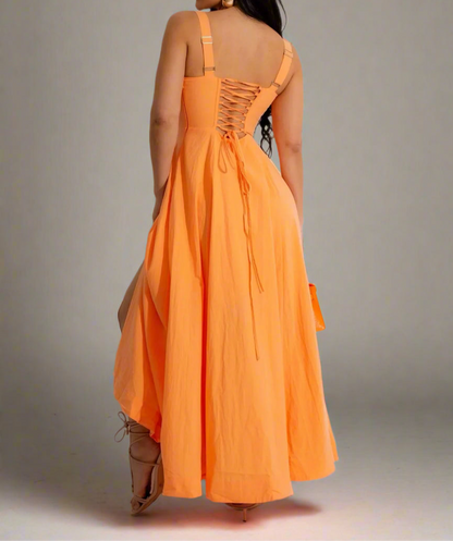 Women’s Strapless A-Line Slit Dress – Casual Elegant Waistband Maxi Dress