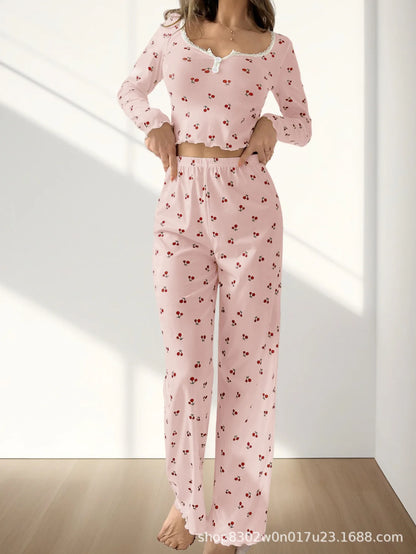 Sweet Cherry Print Sleepwear Set – Long Sleeve Milk Silk Comfort 2-Piece Pyjama Set