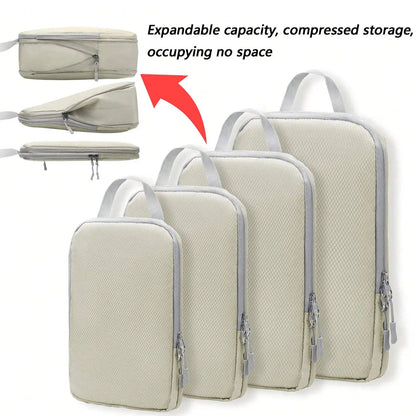 A set of four beige travel packing cubes of various sizes with zipper closure, alongside a portable handbag. The cubes are shown in different configurations to demonstrate their expandable and compressible features.