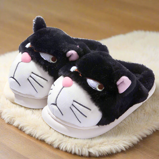 Women's Cat Plush Winter Slippers Indoor Furry House Shoes with Embroidered Face