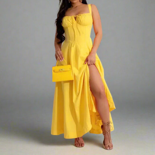 Women’s Strapless A-Line Slit Dress – Casual Elegant Waistband Maxi Dress