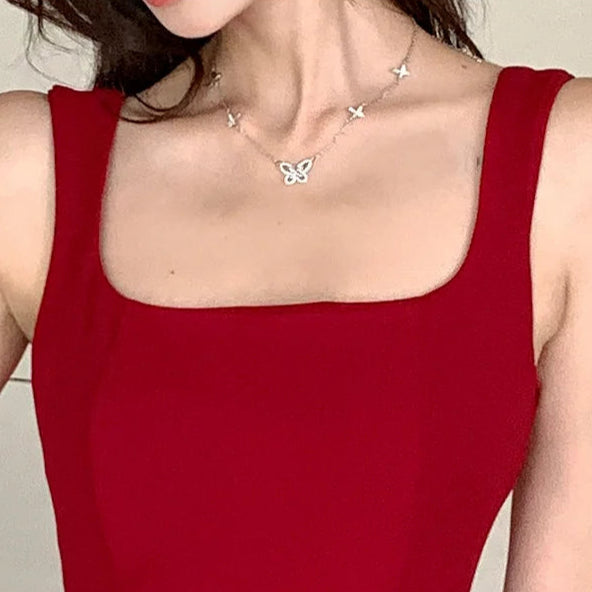 Women's A-Line Midi Dress – Vintage Square Collar, Sleeveless Party Dress
