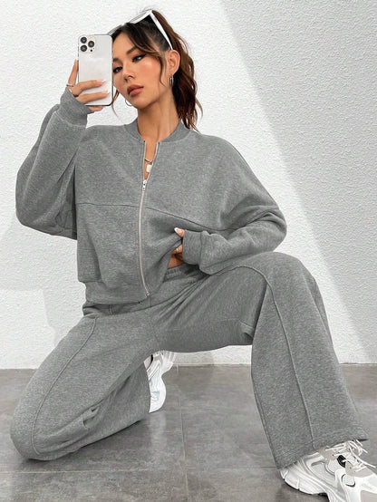 Women’s Casual Matching Tracksuit Set – Zipper Cardigan & Wide-Leg Drawstring Pants