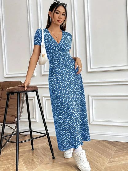 Women’s Autumn V-Neck Slim-Fit Floral Dress – Short Sleeve A-Line Commuter Style