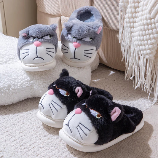 Women's Cat Plush Winter Slippers Indoor Furry House Shoes with Embroidered Face