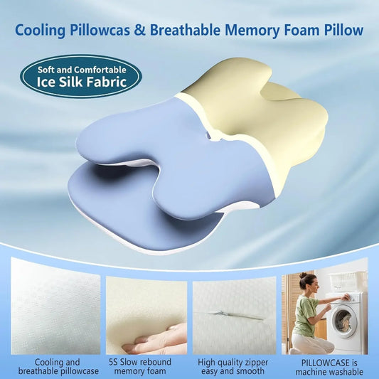 Cooling pillowcase and breathable memory foam pillow with ice silk fabric, shown with features and usage scenarios.