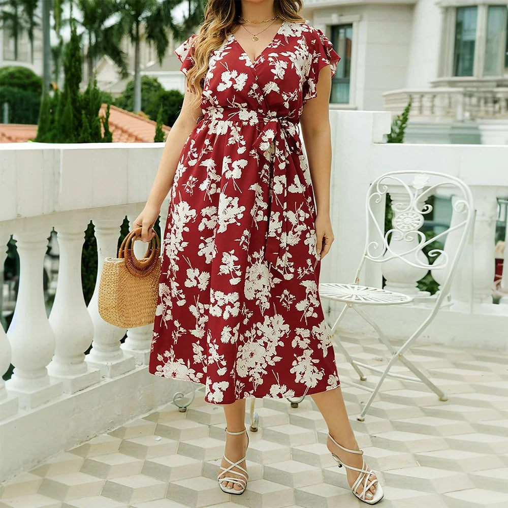 Plus Size Boho Floral V-Neck A-Line Midi Dress