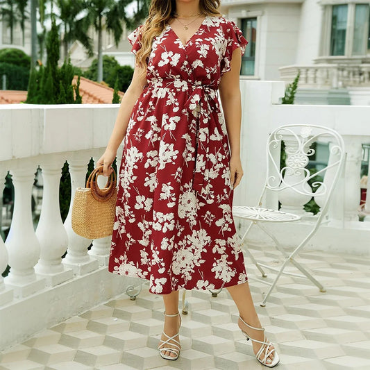 Plus Size Boho Floral V-Neck A-Line Midi Dress