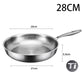 Stainless steel frying pan with dimensions labeled on a white background