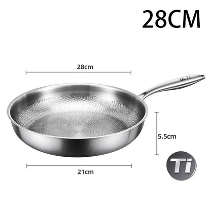 Stainless steel frying pan with dimensions labeled on a white background