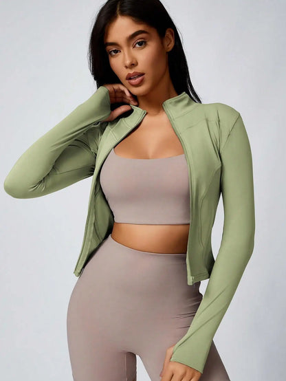 Women’s Zip-Up Sports Jacket – Slim Fit Turtleneck Long Sleeve Activewear Top