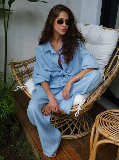 Women’s Cotton Shirt & Wide-Leg Pants Set – Casual Office Style for Spring/Summer