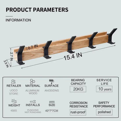 Nordic Wall Mounted Wooden Coat Rack with 5 Movable Hooks Ideal for Coats