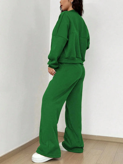 Women’s Casual Matching Tracksuit Set – Zipper Cardigan & Wide-Leg Drawstring Pants