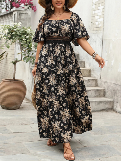 Plus Size Boho Floral Maxi Dress – Elegant Square Neck | Knot Front