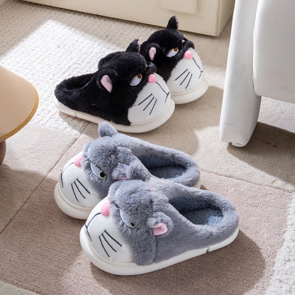 Women's Cat Plush Winter Slippers Indoor Furry House Shoes with Embroidered Face