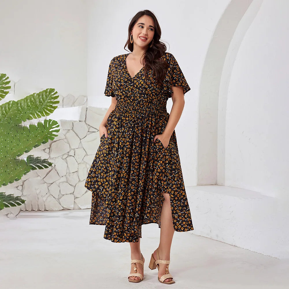 Plus Size Boho Floral Maxi Dress with Pockets