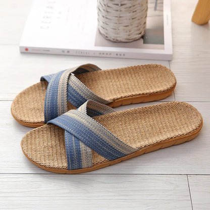 Summer Men’s Flax Slippers – Retro Cross-Strap Linen Indoor & Beach Slides