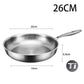 Stainless steel frying pan with dimensions labeled on a white background