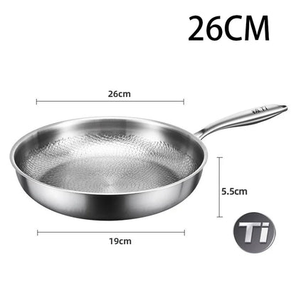 Stainless steel frying pan with dimensions labeled on a white background