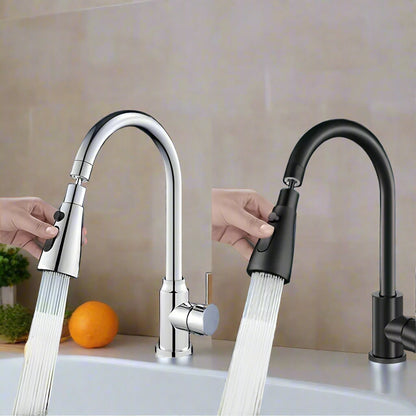 Two kitchen faucets, one silver and one black, with water flowing from them over a sink.