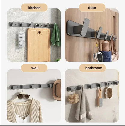 Wall-mounted hooks in various settings including kitchen, door, wall, and bathroom.
