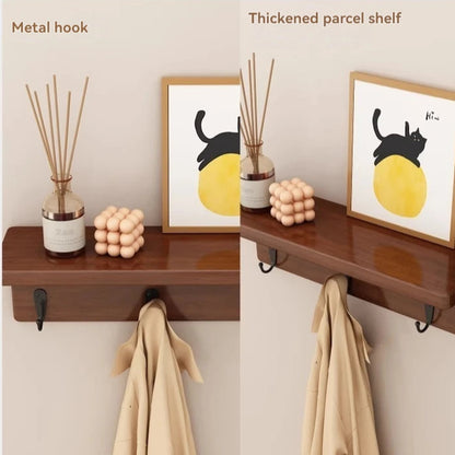 Wall-mounted shelf with metal hook and thickened parcel shelf, featuring decorative items.