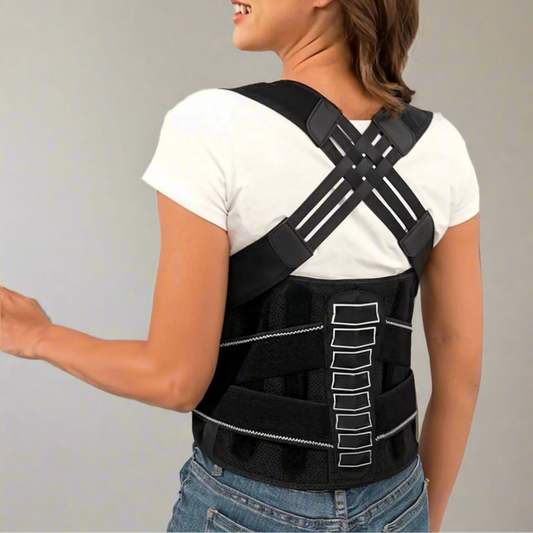 Woman wearing a black posture corrector against a white background