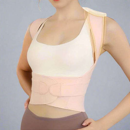Woman wearing a beige compression garment with 'High elasticity' text on a white background