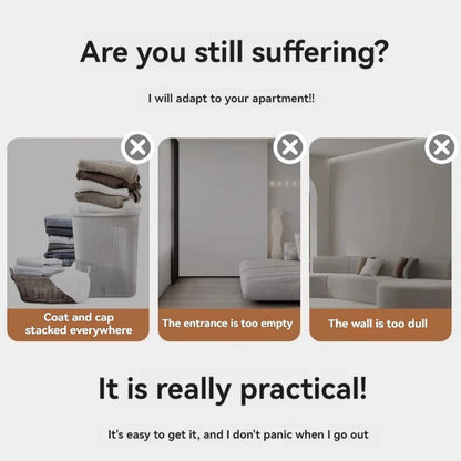 Advertisement for apartment furniture with text and images of living room and wall shelves.